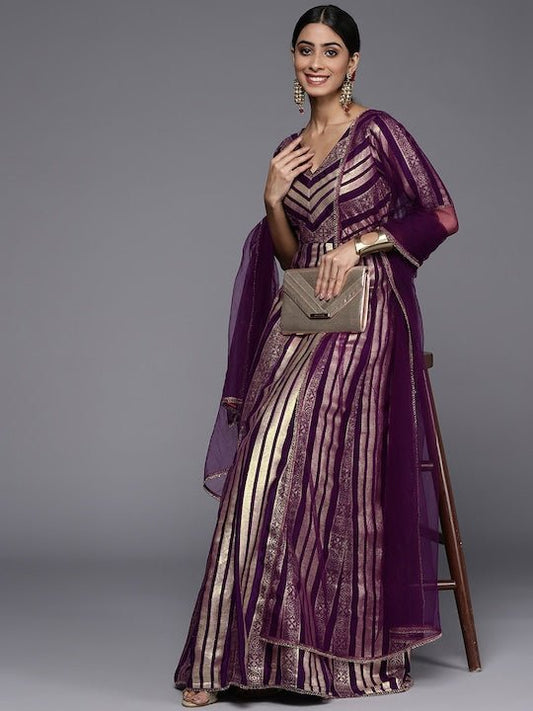 Women Purple & Gold-Toned Georgette Anarkali Kurta with Dupatta - Inddus.com