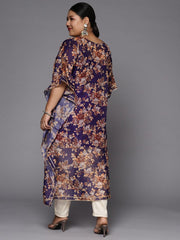 Women Purple & Orange Floral Printed Organza Scalloped Edge Kurta - Inddus.com