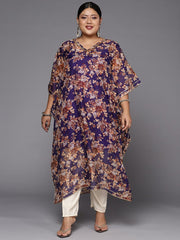 Women Purple & Orange Floral Printed Organza Scalloped Edge Kurta - Inddus.com