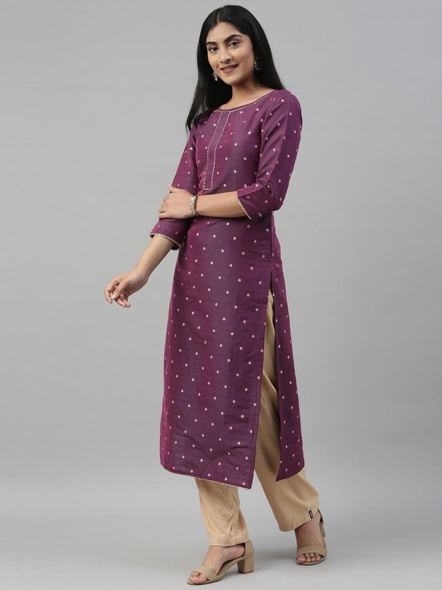 Women Purple Woven Design Straight Kurta - Inddus.com