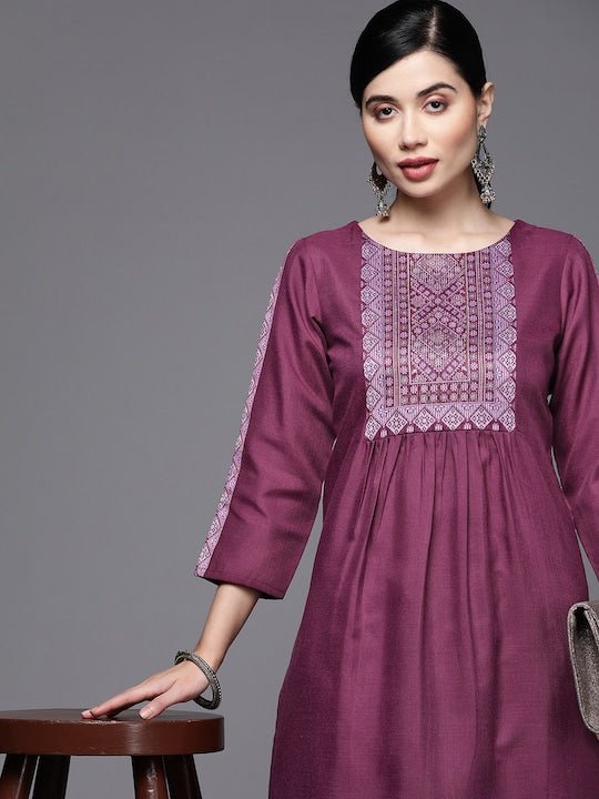 Women Purple Yoke Design Pleated Kurta with Trousers - Inddus.com