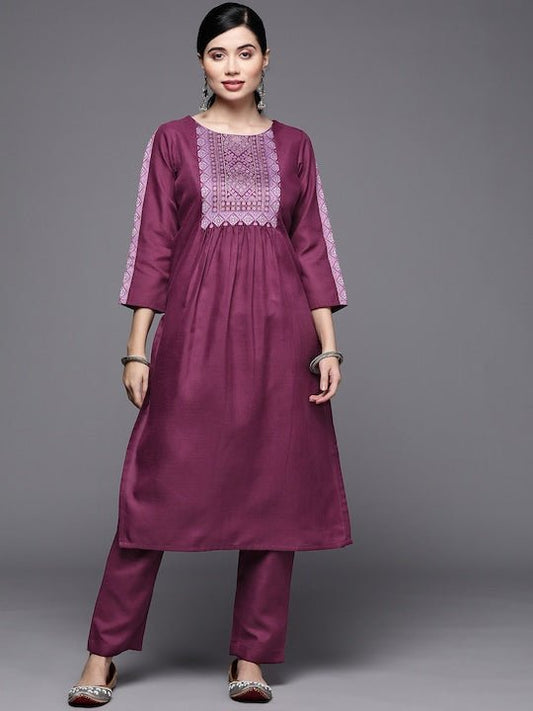 Women Purple Yoke Design Pleated Kurta with Trousers - Inddus.com