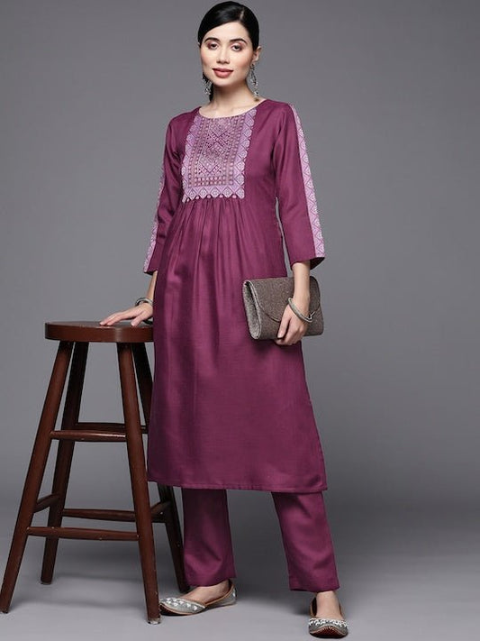 Women Purple Yoke Design Pleated Kurta with Trousers - Inddus.com