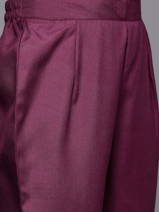 Women Purple Yoke Design Pleated Kurta with Trousers - Inddus.com