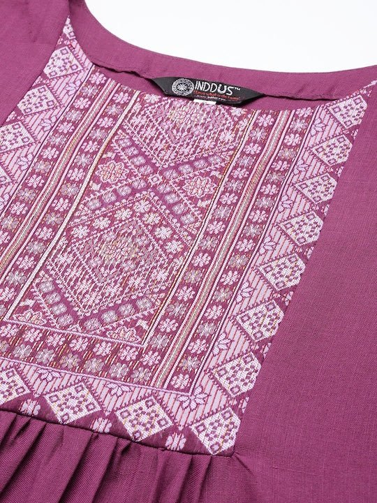 Women Purple Yoke Design Pleated Kurta with Trousers - Inddus.com