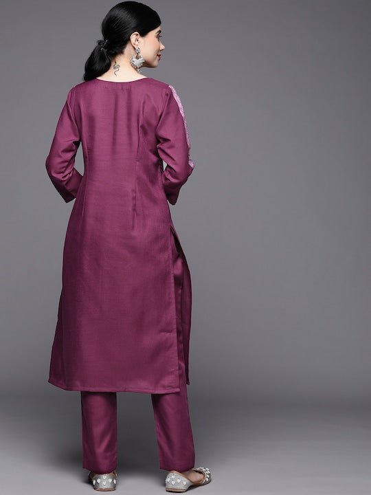 Women Purple Yoke Design Pleated Kurta with Trousers - Inddus.com