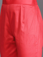 Women Red Bandhani Printed Pleated Thread Work Kurta with Trousers & With Dupatta - Inddus.com