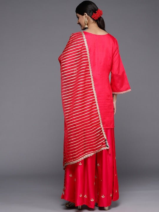 Women Red Floral Embroidered Sequinned Kurta with Sharara & With Dupatta - Inddus.com