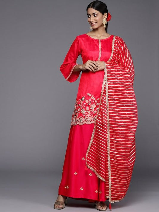 Women Red Floral Embroidered Sequinned Kurta with Sharara & With Dupatta - Inddus.com