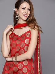 Women Red & Gold-Toned Woven Design Sequinned Kurta with Trousers & Dupatta - Inddus.com