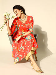 Women Red & Green Floral Printed Gotta Patti Angarakha Kurta with Taselled Tie-Ups - Inddus.com