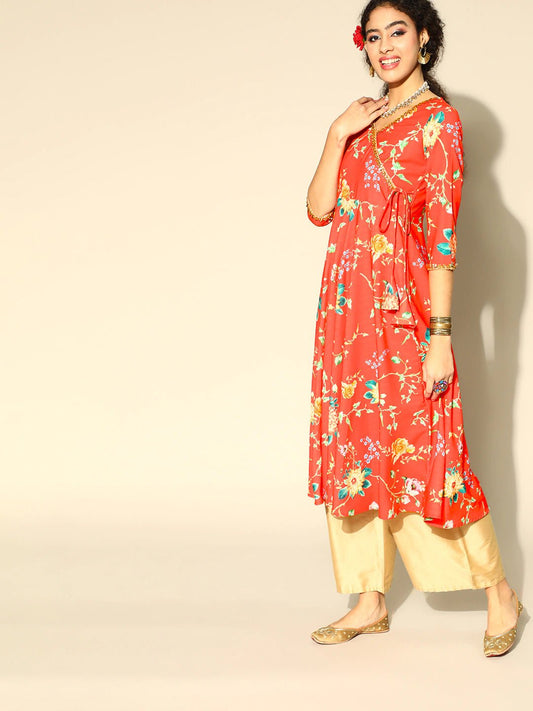 Women Red & Green Floral Printed Gotta Patti Angarakha Kurta with Taselled Tie-Ups - Inddus.com