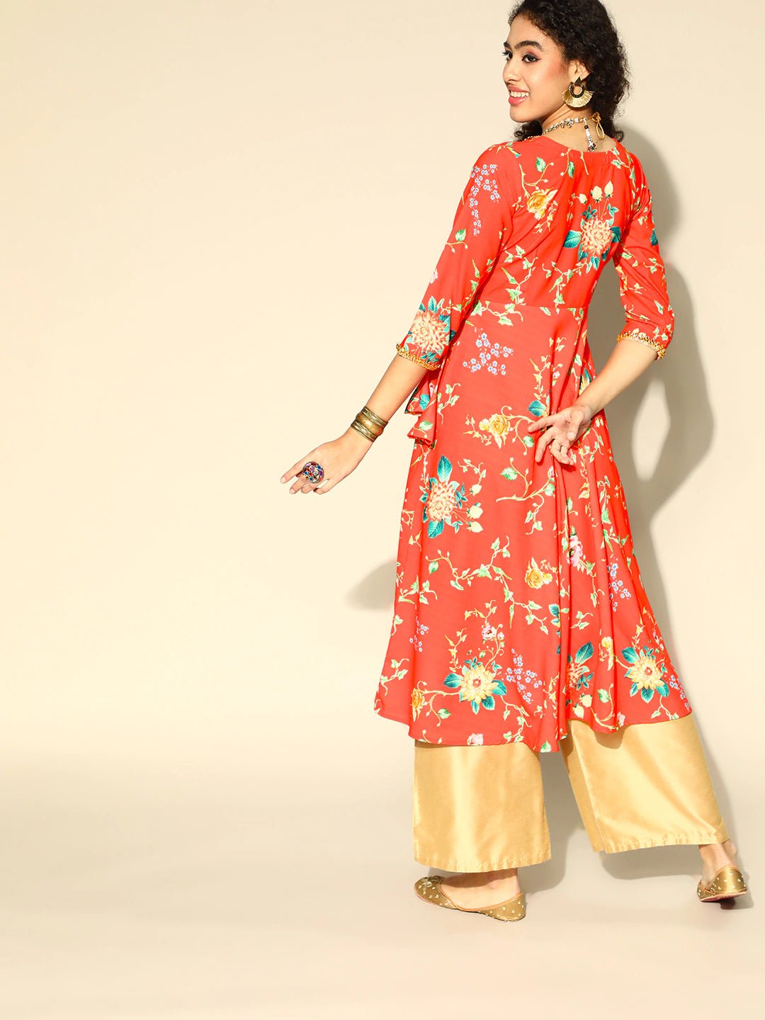 Women Red & Green Floral Printed Gotta Patti Angarakha Kurta with Taselled Tie-Ups - Inddus.com