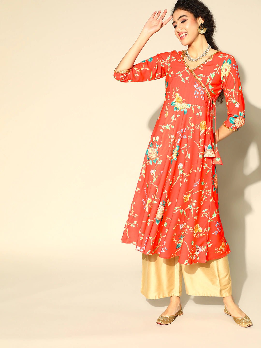 Women Red & Green Floral Printed Gotta Patti Angarakha Kurta with Taselled Tie-Ups - Inddus.com