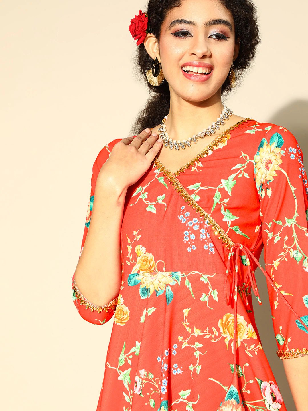 Women Red & Green Floral Printed Gotta Patti Angarakha Kurta with Taselled Tie-Ups - Inddus.com