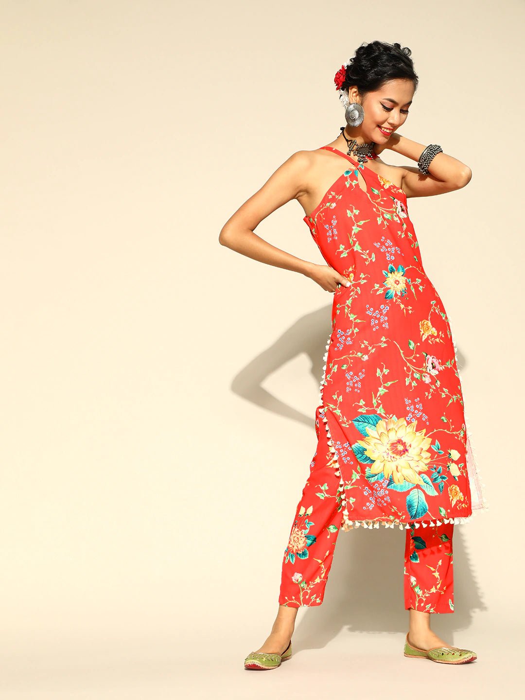 Women Red & Yellow Floral Print Tasselled Fusion Kurta with Trousers - Inddus.com