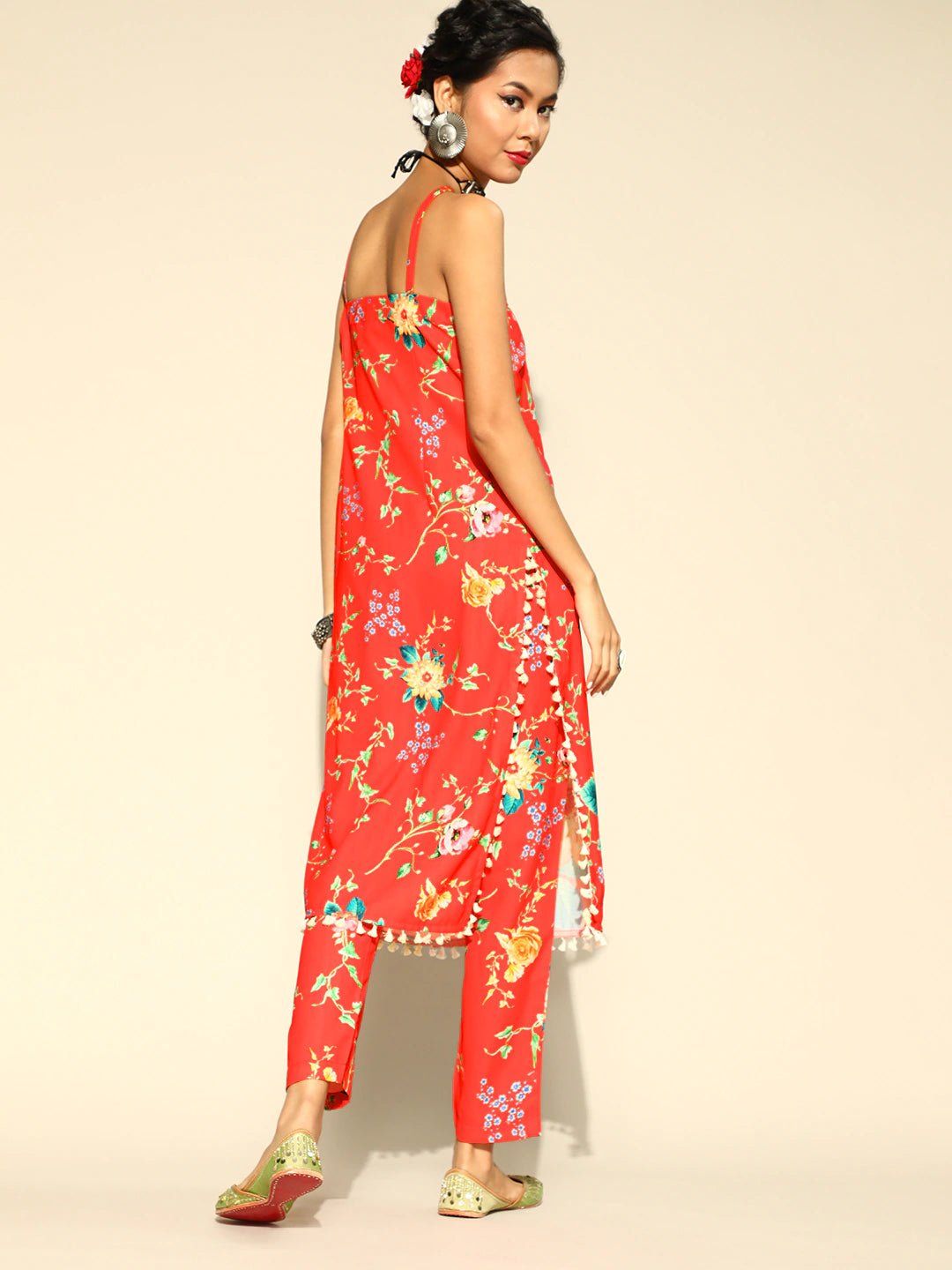 Women Red & Yellow Floral Print Tasselled Fusion Kurta with Trousers - Inddus.com