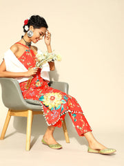 Women Red & Yellow Floral Print Tasselled Fusion Kurta with Trousers - Inddus.com