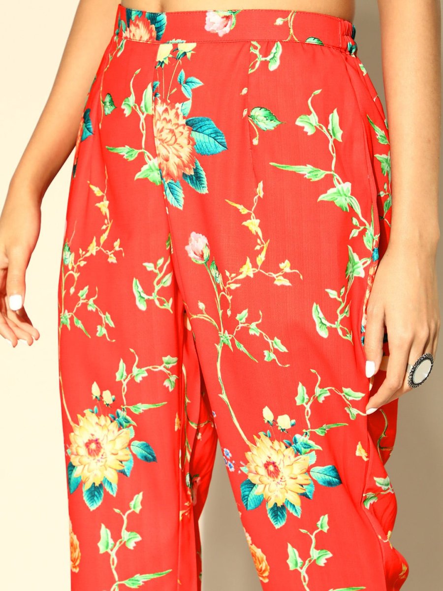 Women Red & Yellow Floral Print Tasselled Fusion Kurta with Trousers - Inddus.com