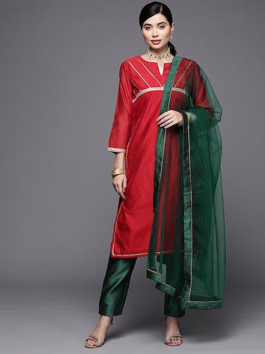 Women Red Yoke Design Gotta Patti Chanderi Cotton Kurta with Trousers & With Dupatta - Inddus.com