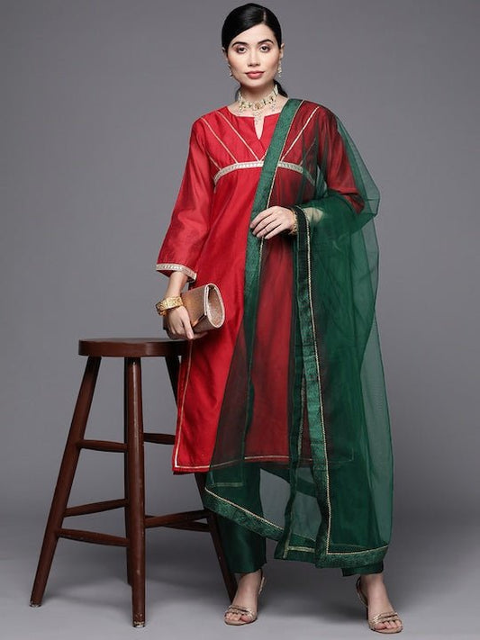 Women Red Yoke Design Gotta Patti Chanderi Cotton Kurta with Trousers & With Dupatta - Inddus.com