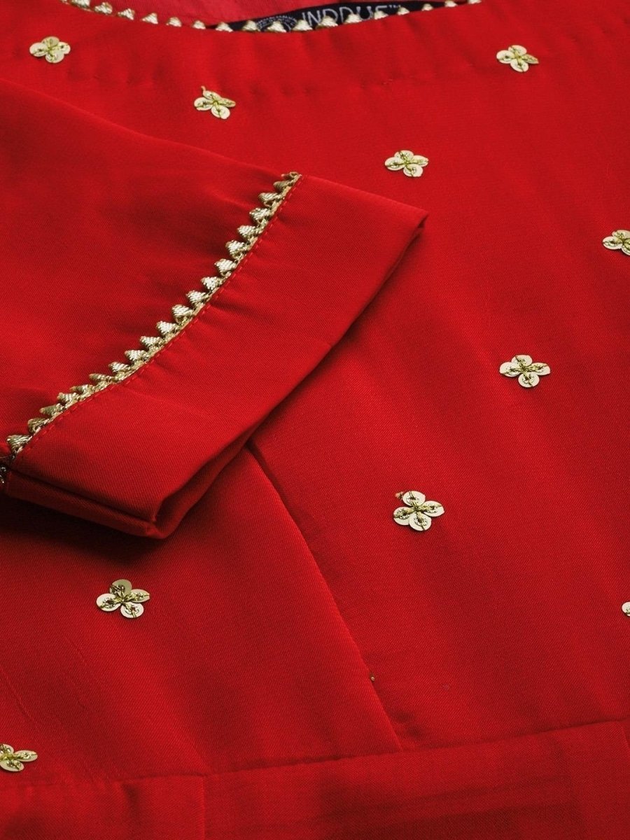 Women Red Yoke Design Kurta Set - Inddus.com