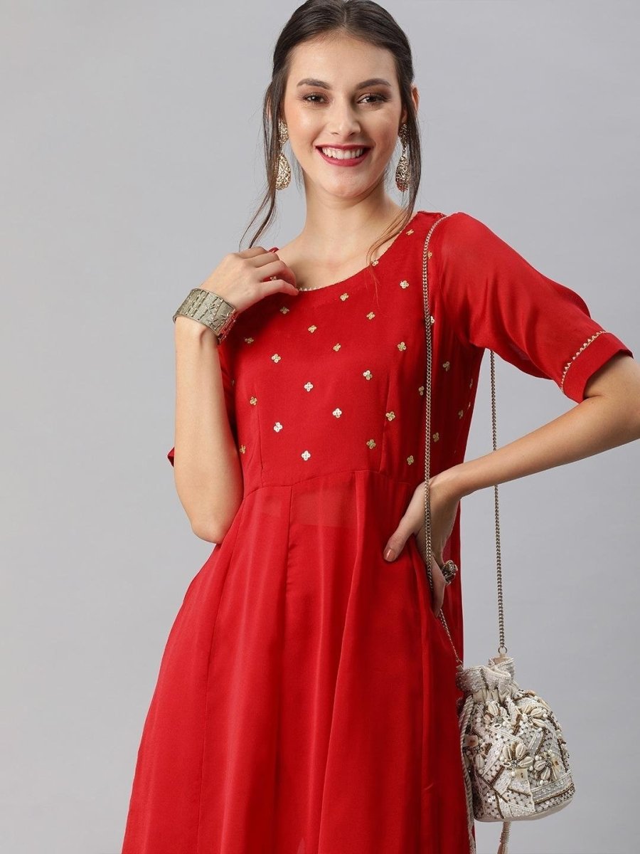 Women Red Yoke Design Kurta Set - Inddus.com