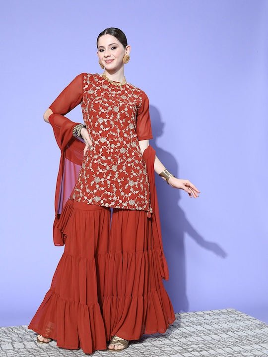 Women Rust Floral Embroidered Regular Kurta with Sharara & With Dupatta - Inddus.com