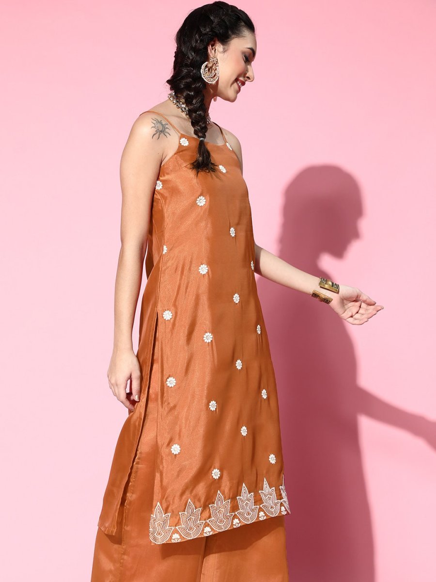 Women Rust-Orange Shibori Embroidered Thread Work Organza Kurta Palazzos & Dupatta - Inddus.com