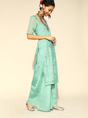 Women Sea Green Embroidered Chevron Kurta with Palazzo & Dupatta - Inddus.com