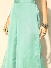 Women Sea Green Embroidered Chevron Kurta with Palazzo & Dupatta - Inddus.com