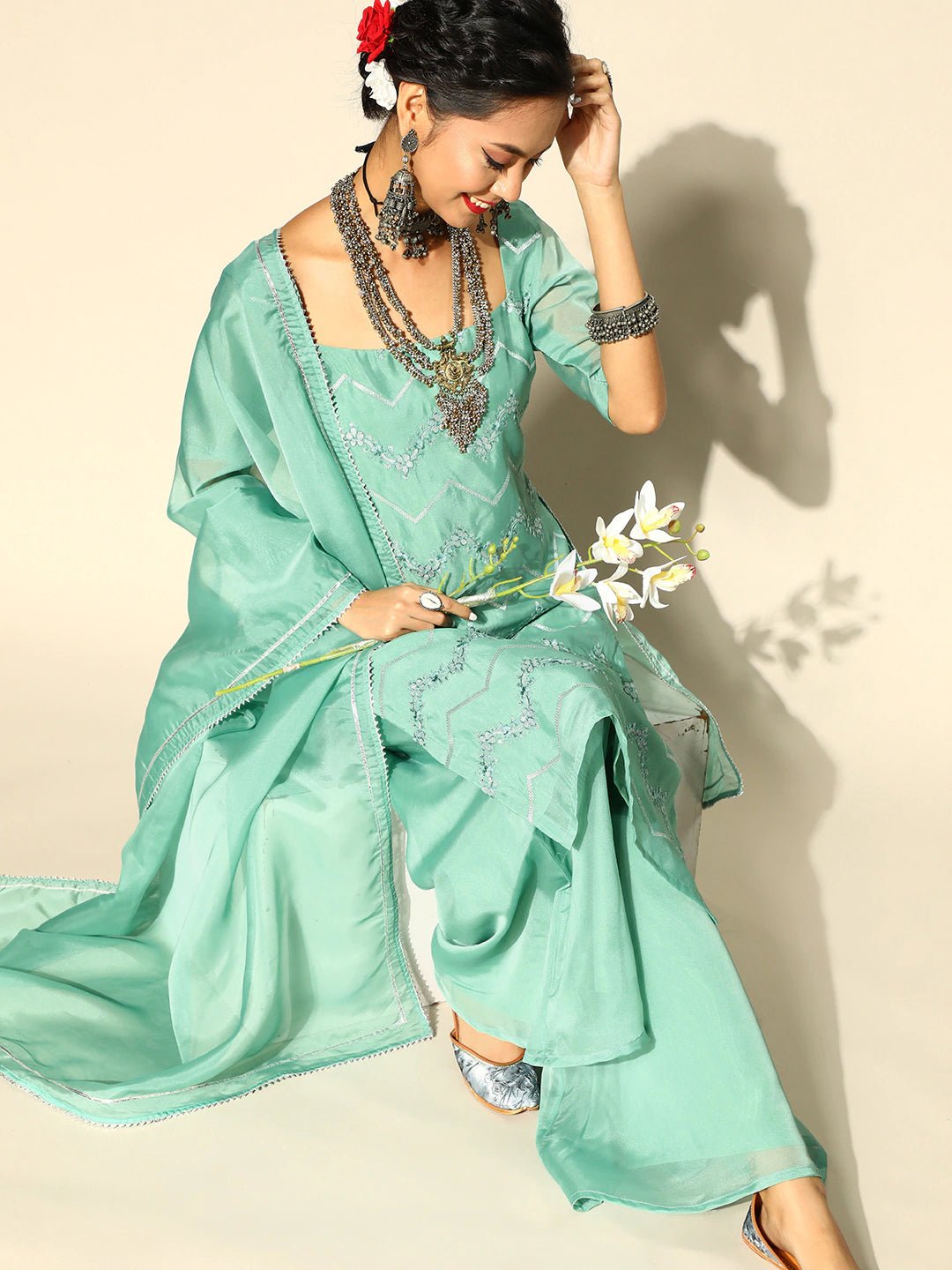 Women Sea Green Embroidered Chevron Kurta with Palazzo & Dupatta - Inddus.com