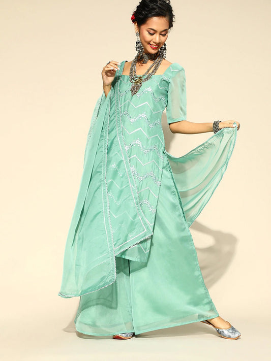 Women Sea Green Embroidered Chevron Kurta with Palazzo & Dupatta - Inddus.com