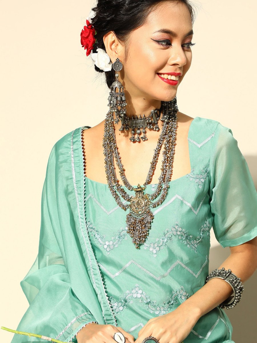 Women Sea Green Embroidered Chevron Kurta with Palazzo & Dupatta - Inddus.com