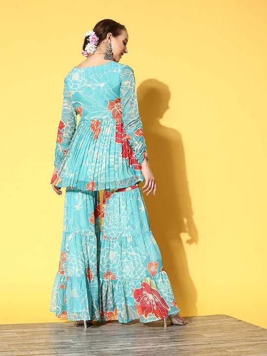 Women Sea Green Floral Printed Pleated Kurti with Sharara - Inddus.com