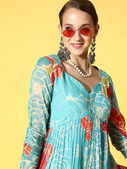 Women Sea Green Floral Printed Pleated Kurti with Sharara - Inddus.com