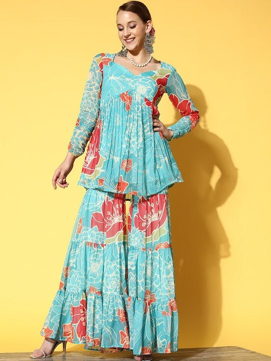 Women Sea Green Floral Printed Pleated Kurti with Sharara - Inddus.com