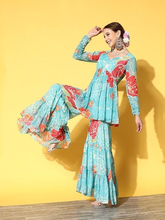 Women Sea Green Floral Printed Pleated Kurti with Sharara - Inddus.com