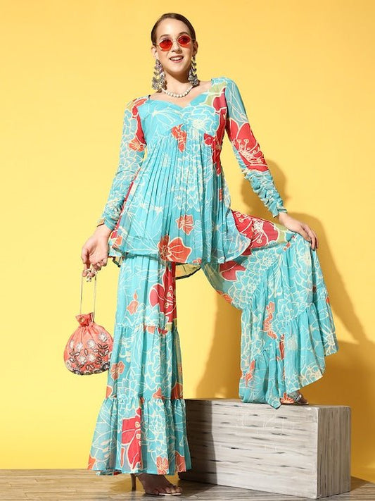 Women Sea Green Floral Printed Pleated Kurti with Sharara - Inddus.com