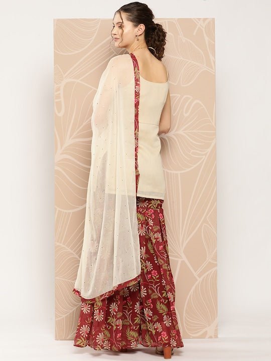 Women Sequinned Chanderi Cotton Kurta With Sharara & With Dupatta - Inddus.com