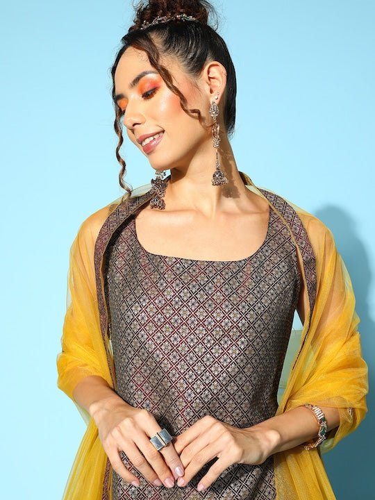 Women Silk Blend Kurta with Trousers & Dupatta - Inddus.com