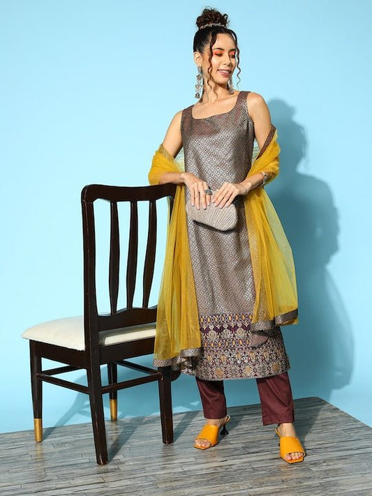 Women Silk Blend Kurta with Trousers & Dupatta - Inddus.com