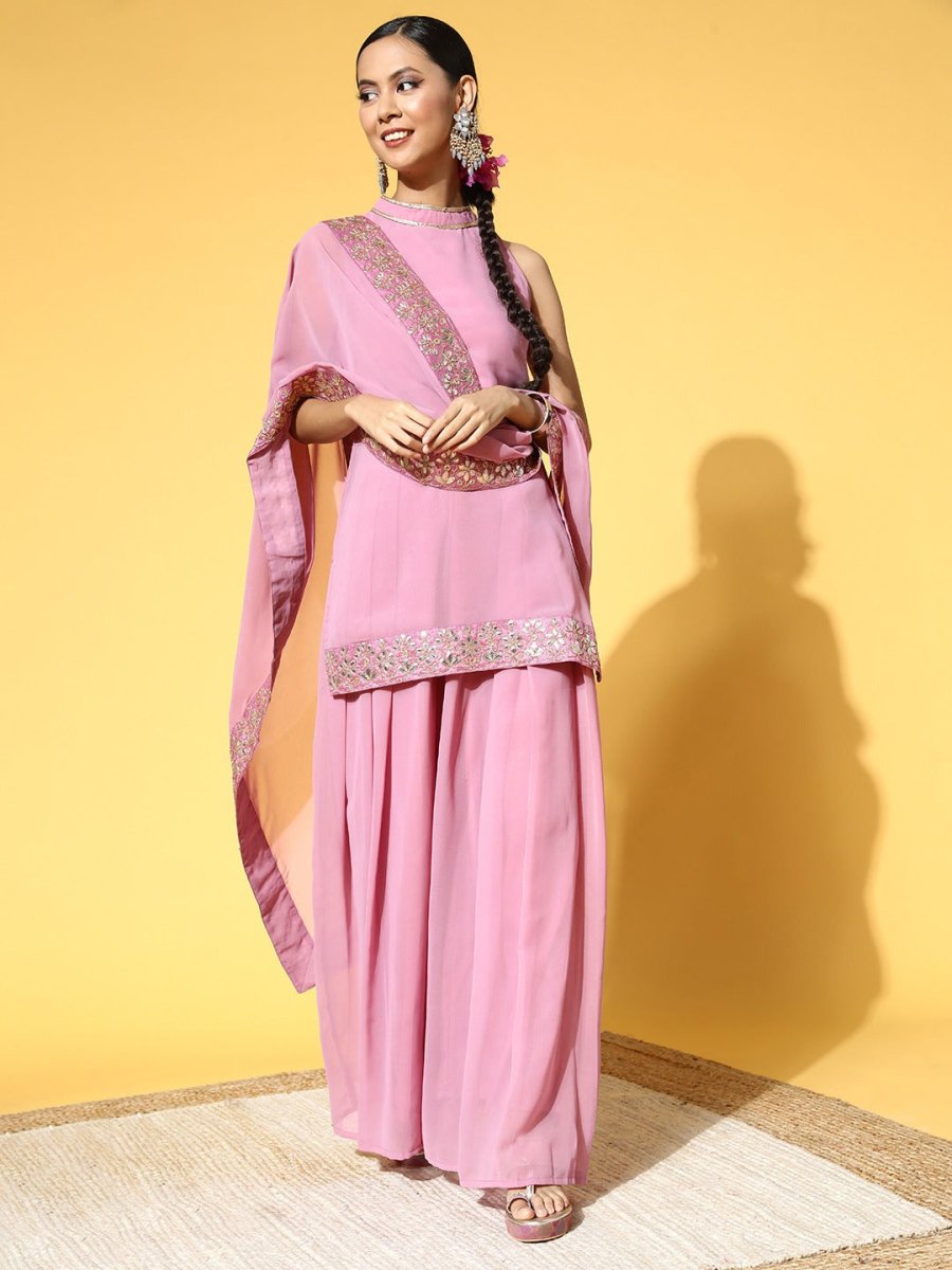 Women Solid Poly-Georgette Ethereal Embroidery Kurta Set - Inddus.com