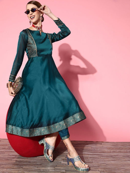 Women Solid Silk Blend Ethereal Embroidery Kurta Set - Inddus.com