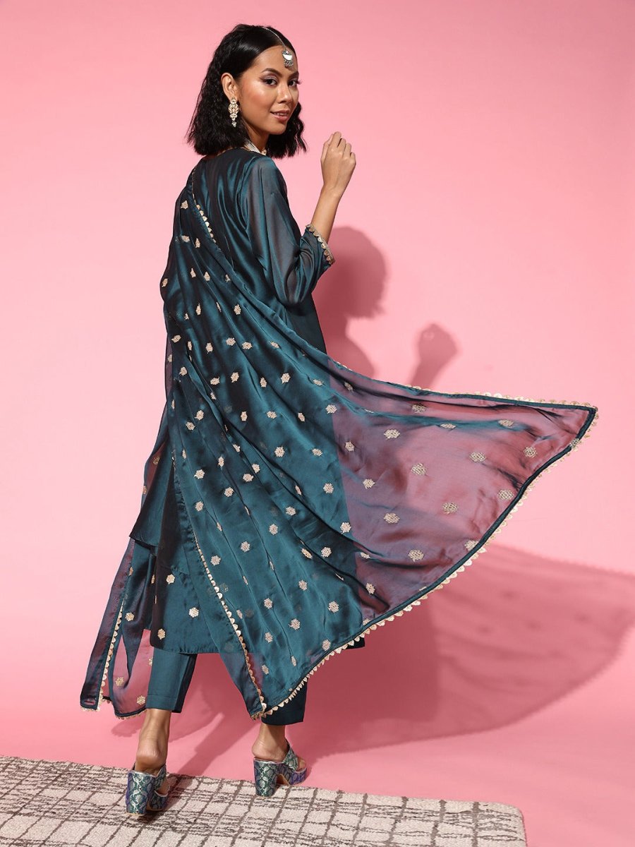 Women Solid Silk Blend Ethereal Embroidery Kurta Set - Inddus.com