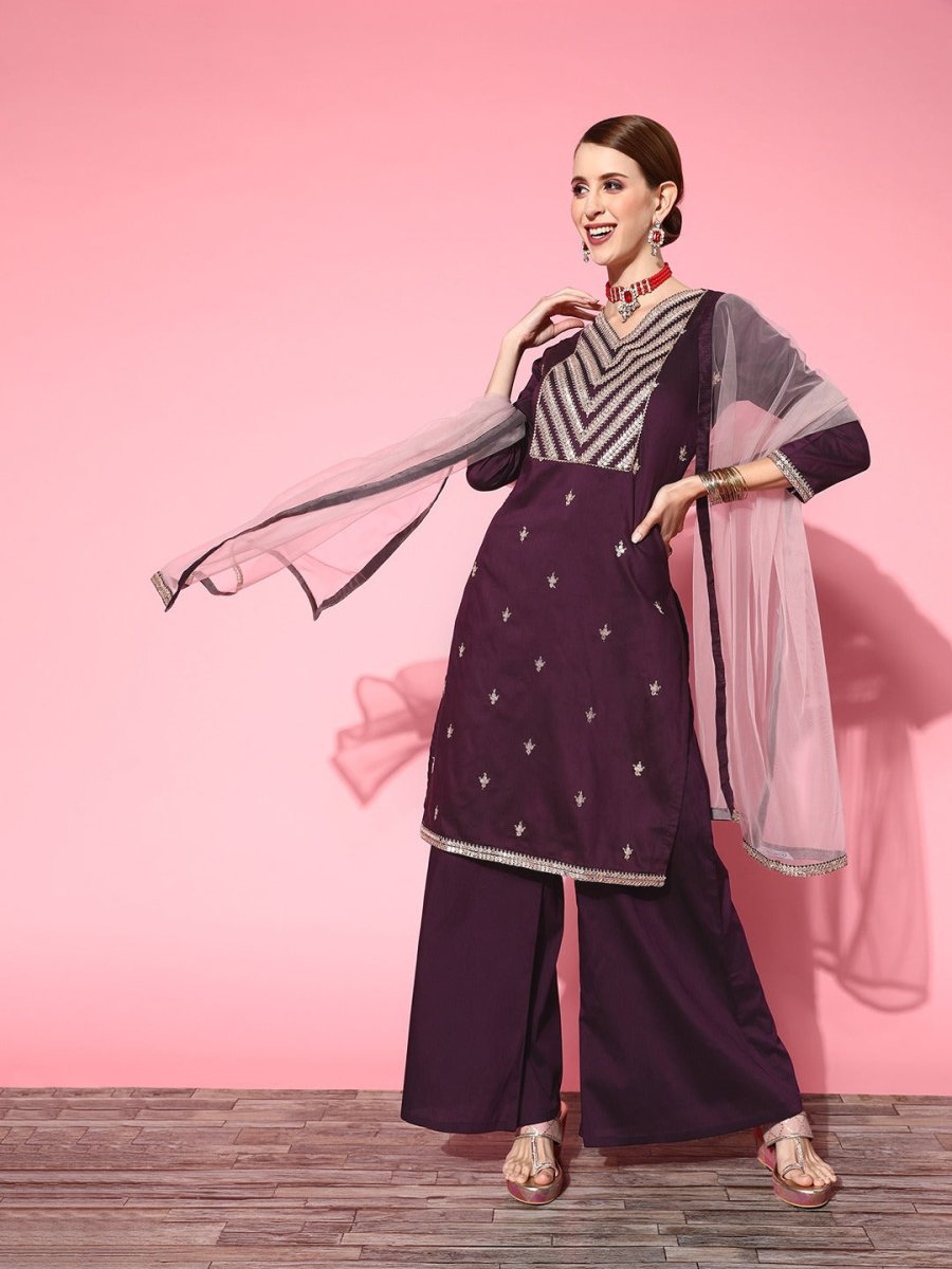 Women Solid Silk Blend Ethereal Embroidery Kurta Set - Inddus.com