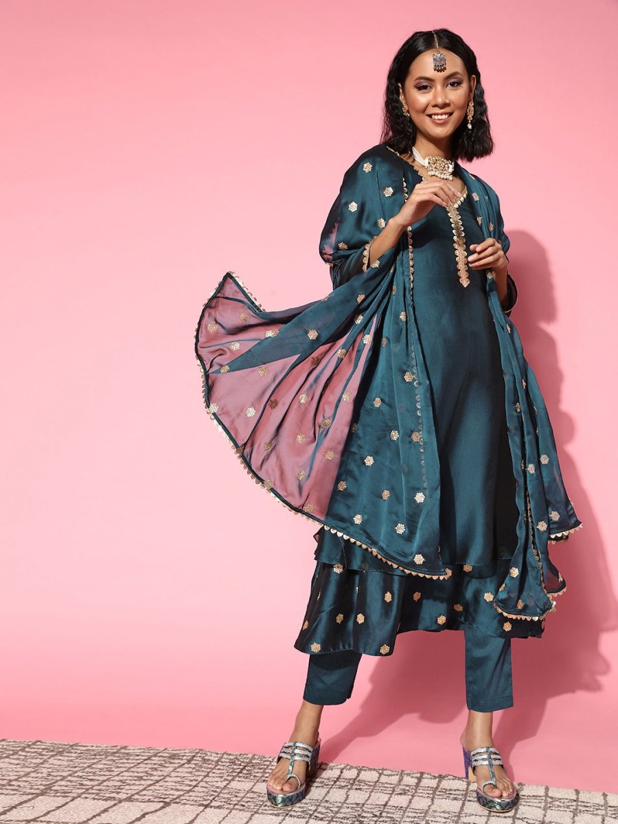 Women Solid Silk Blend Ethereal Embroidery Kurta Set - Inddus.com