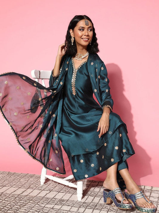 Women Solid Silk Blend Ethereal Embroidery Kurta Set - Inddus.com