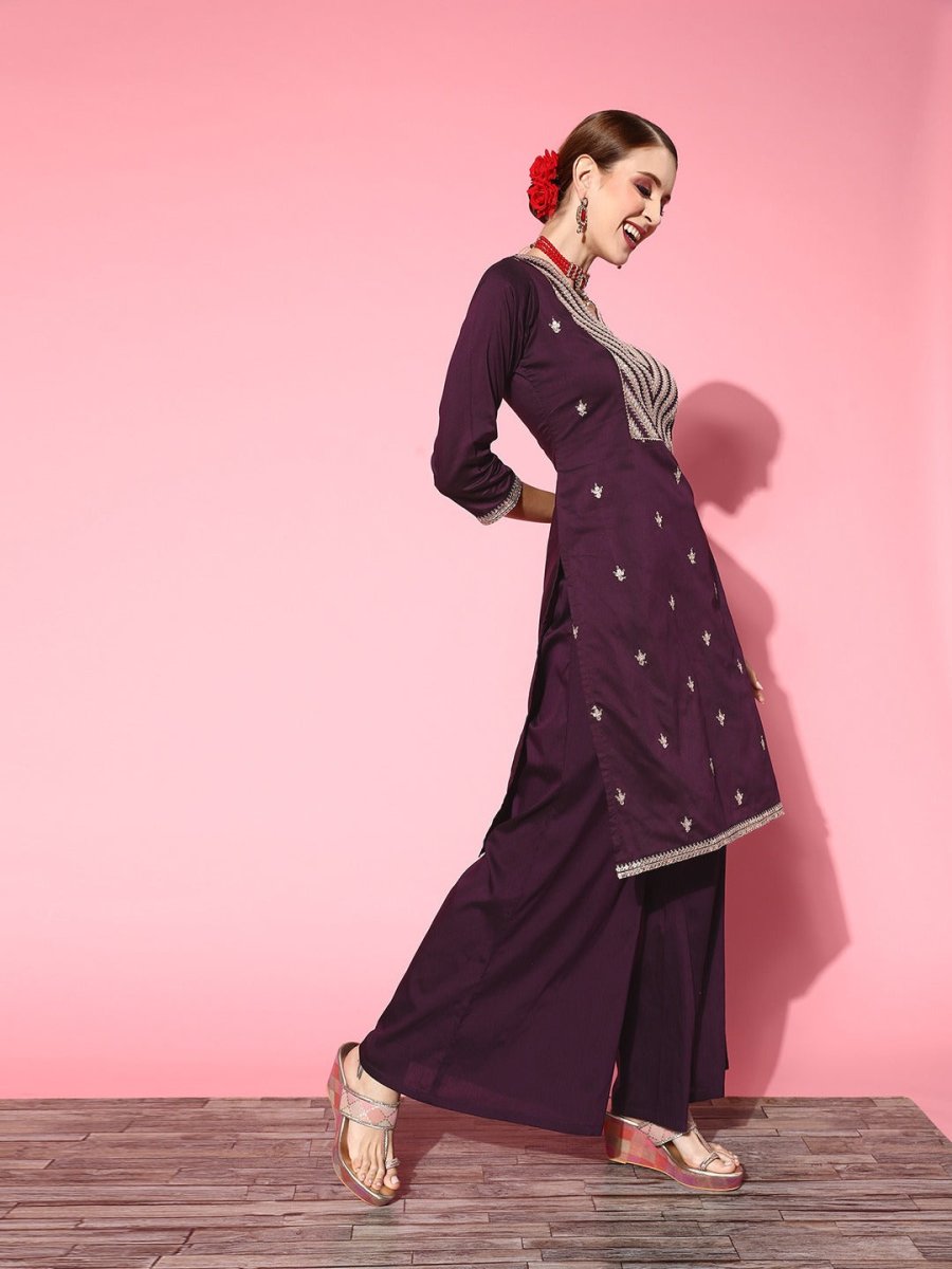 Women Solid Silk Blend Ethereal Embroidery Kurta Set - Inddus.com