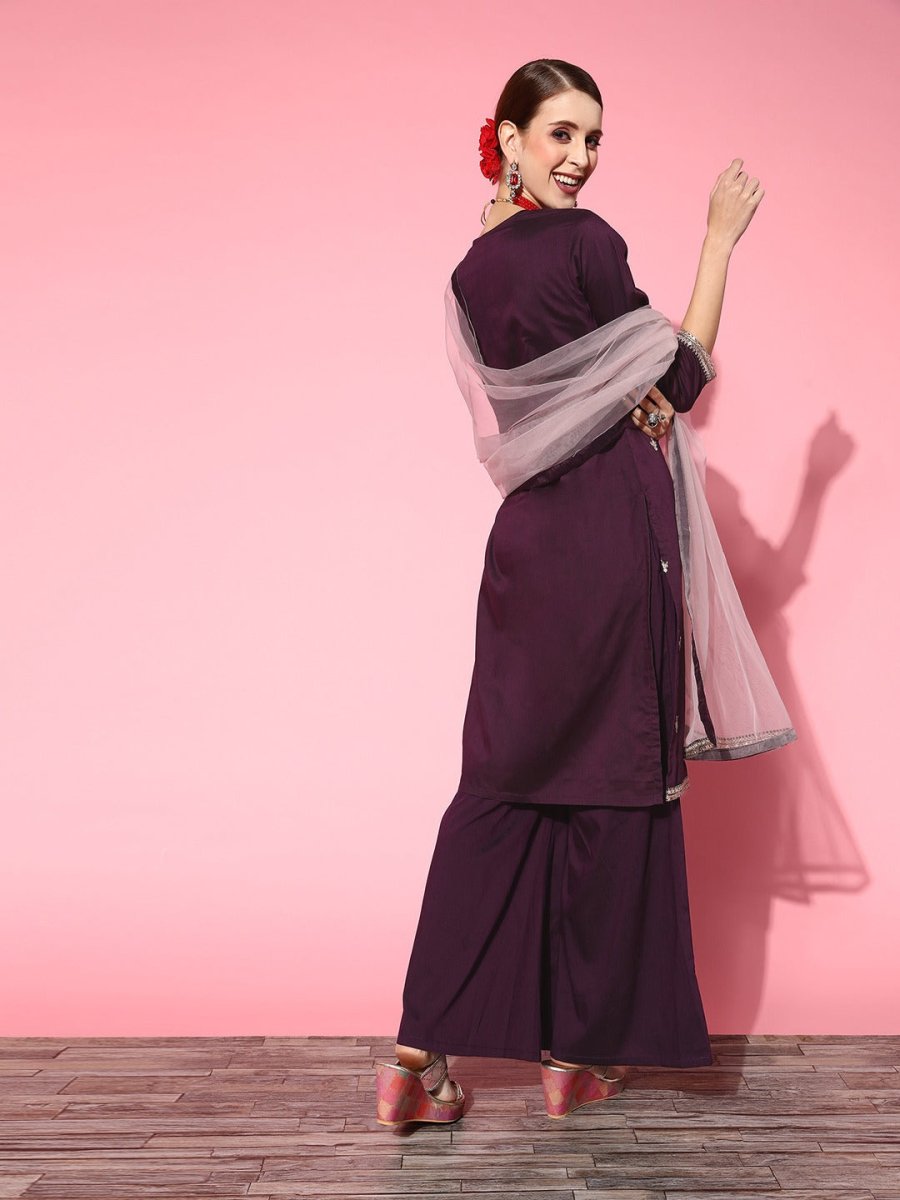 Women Solid Silk Blend Ethereal Embroidery Kurta Set - Inddus.com